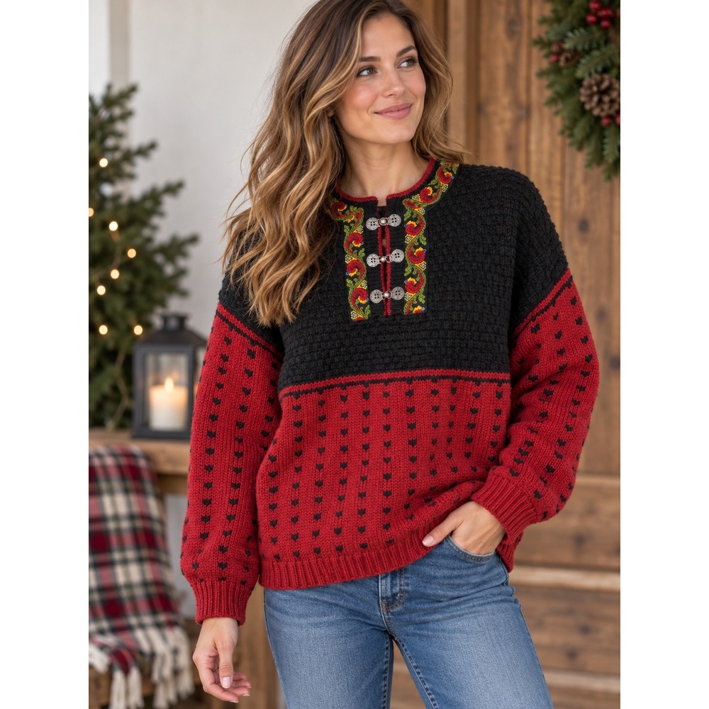 VTG Drops Original Knitwear Wool Nordic Sweater Red Black Pewter Clasps Womens M